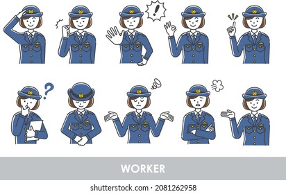 Illustration set of young female police officer