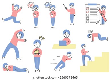 Illustration set of young japanese men's full body poses