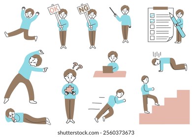 Illustration set of young japanese men's full body poses