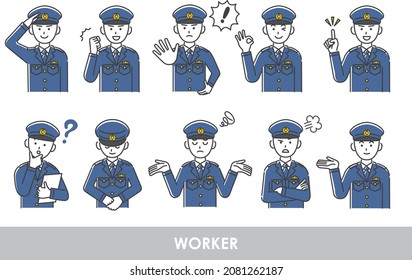 Illustration set of young male police officer