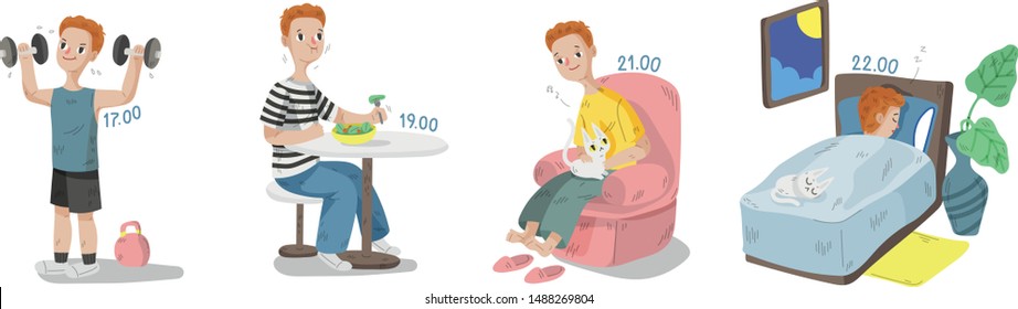 illustration set of young man doing daily activity routines gym after work to go to bed (nighttime)