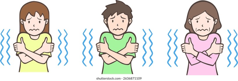 Illustration set of a young man, a young man, and a middle-aged woman who are freezing cold