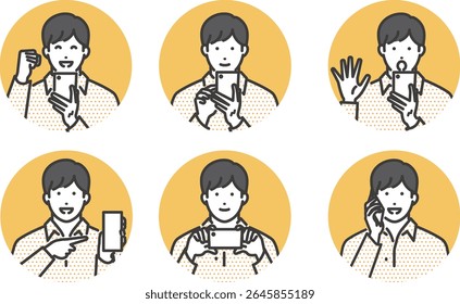 Conjunto de ilustrações de um jovem operando um smartphone