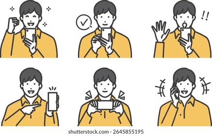 Conjunto de ilustración de un hombre joven que opera un teléfono inteligente