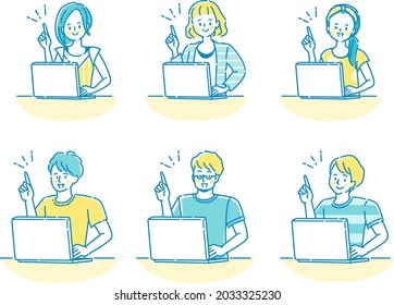 Illustration set of young men and women operating a personal computer