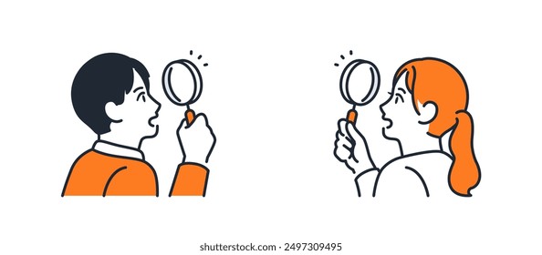 Illustration set of young men and women looking through a magnifying glass