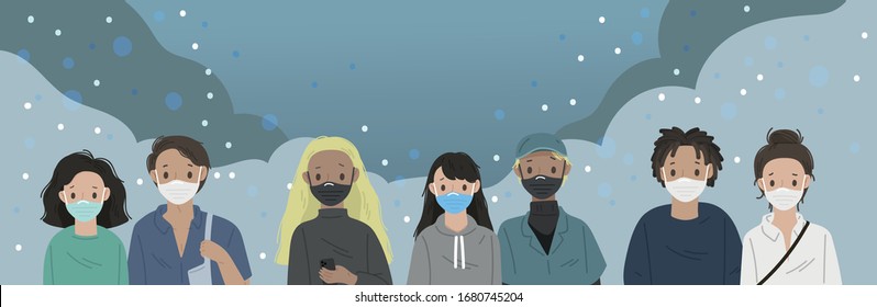 illustration set of young millennial people group wearing medical face masks to prevent corona virus disease, COVID-19 flu, air pollution, pm 2.5 and pm 10.