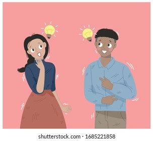 Illustration Set Of Young Millennial People Acting Thinking And Surprising. Happy Couple With Light Bulb Eureka Sign. Flat Vector Set.