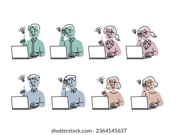 Illustration set of young people using laptops