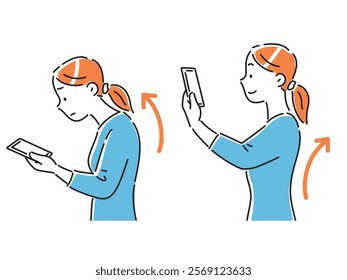 Illustration set of a young woman looking at a smartphone screen with good and bad posture