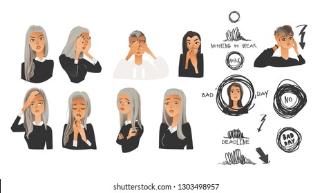 Illustration set of young woman with negative emotions. Blonde and brunette girl is alone, afraid, angry, cry, depressed. Facial expression collection with lettering, isolated vector, flat style.