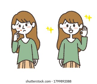 Illustration set of a young woman suffering from eczema on the face and a cured young woman. Vector illustration on white background.