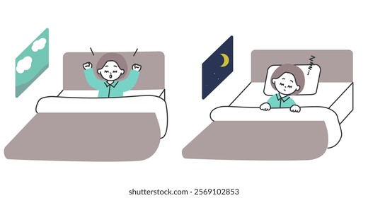 Illustration set of a young woman waking up and going to bed