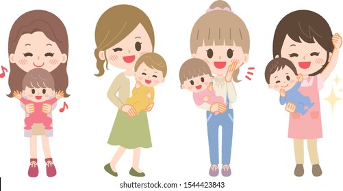 Illustration set of young women raising children