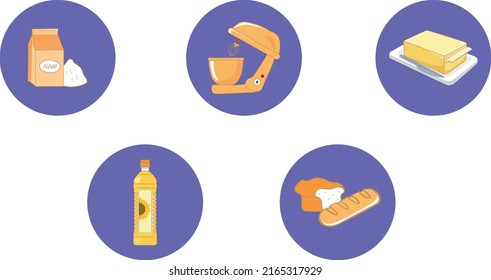 illustration set of yummy Bread and Bakery Food items. Bakery icons with baked goods collection flat isolated vector illustration. Flour, Butter and Oil Designs.