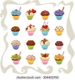 illustration of set yummy cupcakes. Isolated on white background.