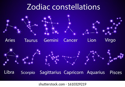 Illustration set of zodiac constellations in the night sky.