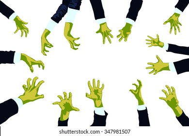 illustration of set of zombie green color hands on white