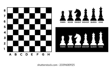 The illustration sets of chess sports games such as a table, point coordinate, and chess pieces like pawns, rooks, knights, bishops, queens, king