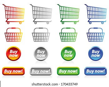 Illustration sets of wire trolleys, wire baskets and buy-now-buttons for commercial websites - red, grey, green and blue versions.