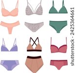 Illustration with sets of women's underwear. Vector collection of lingerie, bra and panties in flat style 