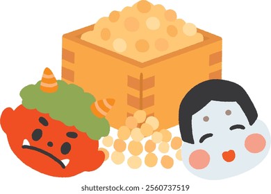 Illustration of Setsubun beans, red demons and Okame