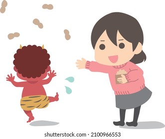 Illustration of Setsubun, a traditional Japanese event.
A boy sprinkles beans to drive away a demon.