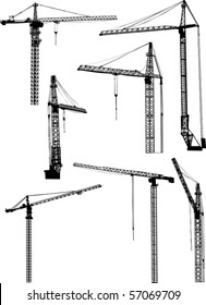 illustration with seven building cranes isolated on white background