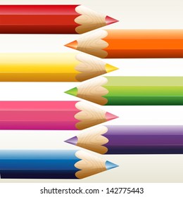 Illustration of the seven colorful pointed pencils on a white background
