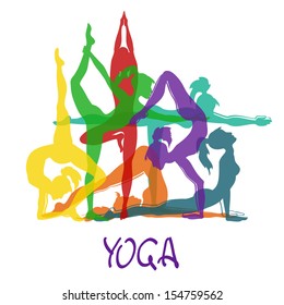 Illustration with seven colorful silhouettes of slim girl in yoga poses