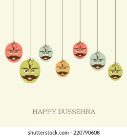 Illustration of seven colourful Ravana faces with stylish text on simple white background.