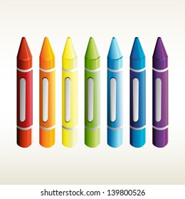 Illustration of the seven crayons in different colors on a white background