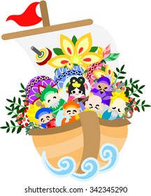 It is the illustration of the Seven Deities of Good Fortune and which are usable in celebration of the New Year.