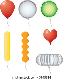 Illustration of seven different ballons in several different colors and shapes