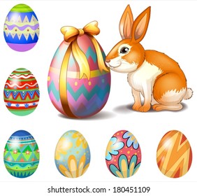 Ilustración de los siete huevos de Pascua y un conejito con fondo blanco
