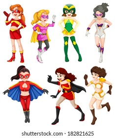Illustration of the seven female superheroes on a white background