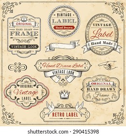 Illustration of seven hand-drawn vintage labels against a weathered, cream-colored background, bordered with a vintage design