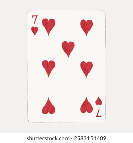 Illustration of a seven of hearts playing card. The card features seven red hearts. Simple playing card design with hearts. Classic card game element. Valentine's Day illustration vector.