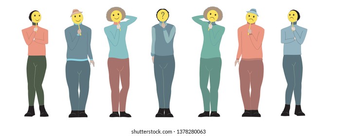 Illustration of seven human characters on white background,holding emoticon masks in front of their faces. 