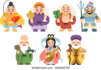 Illustration of “Shichifukujin” the Seven Lucky Gods for Japanese new year (From the upper left, Ebisu, Daikoku, Hotei, Bishamonten, Fukurokuju, Benzaiten, Jurojin)