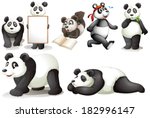 Illustration of the seven pandas on a white background