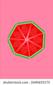 Illustration of seven red watermelon slices forming a circular pattern on a pastel background, symbolizing summer mood. Modern art minimalist style design template for sales, posters, covers.