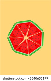 Illustration of seven red watermelon slices forming a circular pattern on a pastel background, symbolizing summer mood. Modern art minimalist style design template for sales, posters, covers.