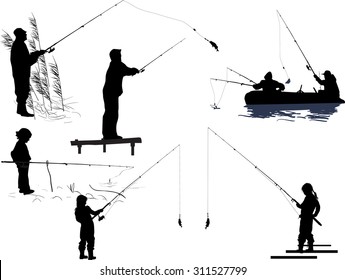 Illustration Seven Silhouettes People Fishing Isolated Stock Vector ...