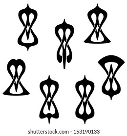 Illustration of seven symmetric fashion elements. East. Sesame. Vector. Set. Black.