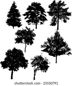 illustration with seven tree silhouettes isolated on white background