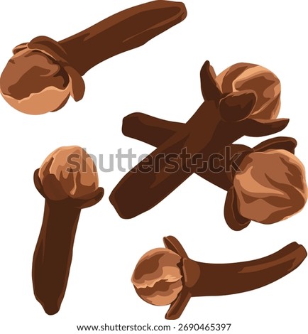 Illustration of several brown cloves scattered on a white background, showcasing their distinctive shape and texture.