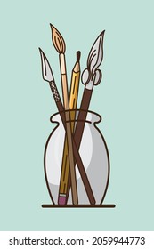 Illustration of several brushes and pencils in a glass pencil case