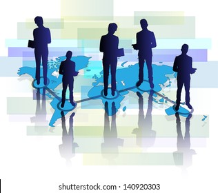 Illustration of several business men and women with tablet on world map