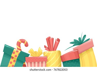 Illustration of Several Christmas Gifts Border in Green, Red and Yellow